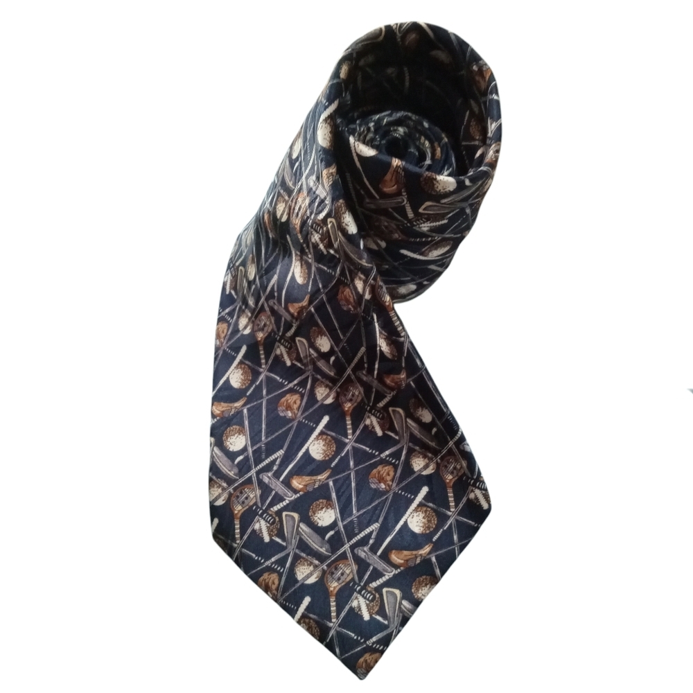 4/$10 Golf Patterned Men's Navy Blue Tie Silk
